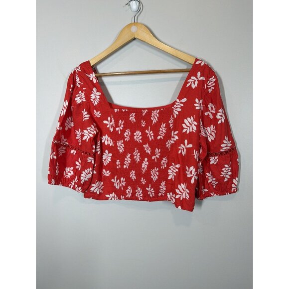 Ann Taylor Red Floral Linen Blend Puff Sleeve Crop Top Blouse Size 10 Boho Chic - Picture 4 of 8